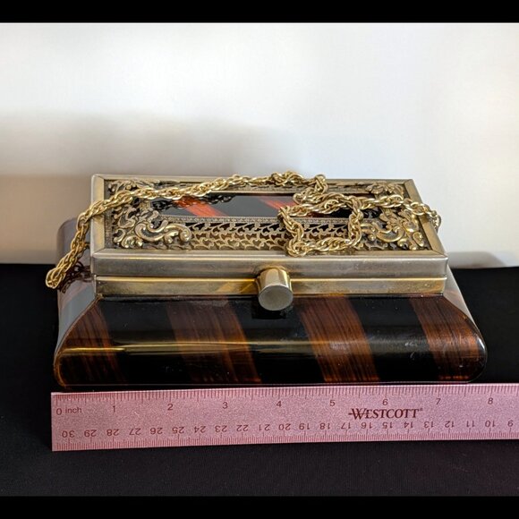 Wow TYROLEAN Amber & Black Lucite and Brass Purse from the 1950s, w/ Mirror - Picture 7 of 10